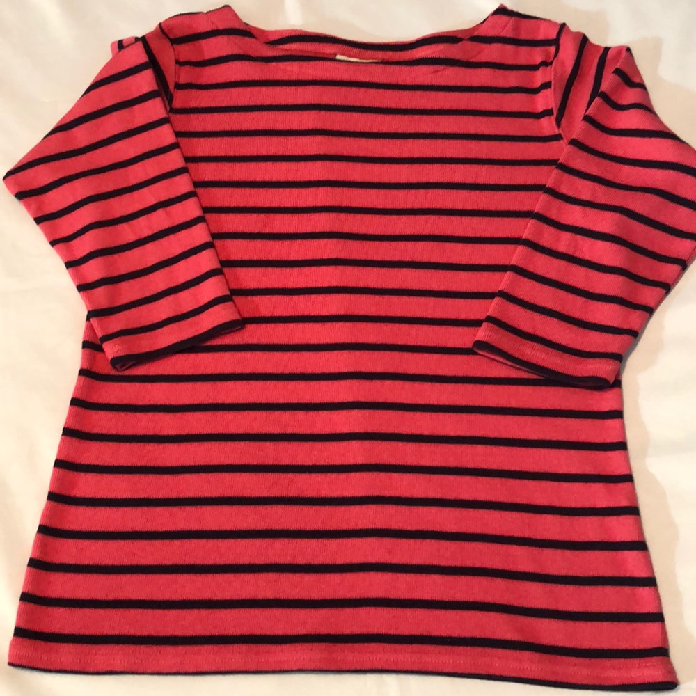 LL Bean coral & navy stripe top with 3/4 sleeves Like new!